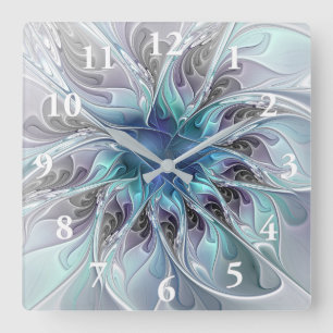 Reloj Cuadrado Florecer Abstracto Moderno Floral Fractal Con Azul