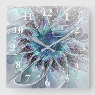 Reloj Cuadrado Florecer Abstracto Moderno Floral Fractal Con Azul