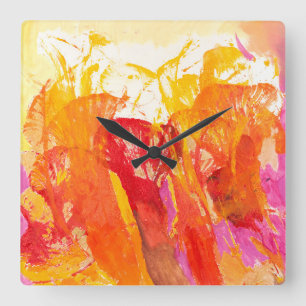 Reloj Cuadrado Flores abstractas en rosa, mandarina, y oro