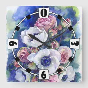 Reloj Cuadrado Flores acuarelas rosas anémicos flujo de ilustraci
