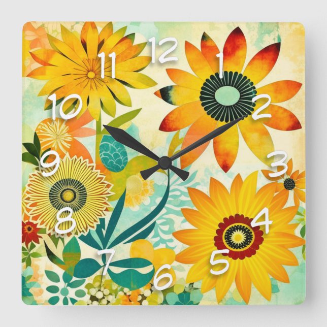 Reloj Cuadrado Flores amarillas de arte folclórico de bonito (Anverso)