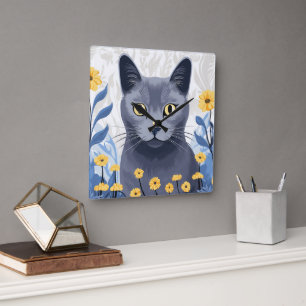 Reloj Cuadrado Flores amarillas de gato azul ruso