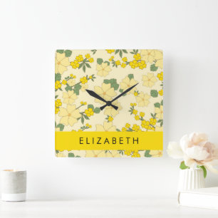 Reloj Cuadrado Flores Amarillas, Patrón De Flores, Tu Nombre