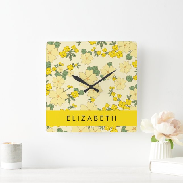 Reloj Cuadrado Flores Amarillas, Patrón De Flores, Tu Nombre (Hogar)
