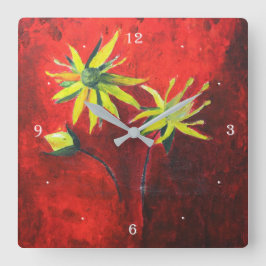 Reloj Cuadrado Flores amarillas Rojo Fondo de pintura de arte