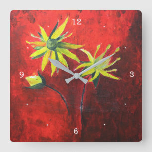 Reloj Cuadrado Flores amarillas Rojo Fondo de pintura de arte