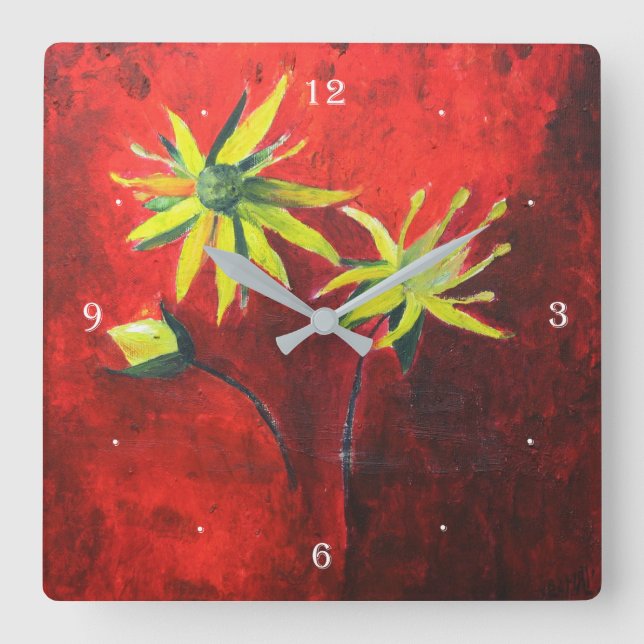 Reloj Cuadrado Flores amarillas Rojo Fondo de pintura de arte (Anverso)