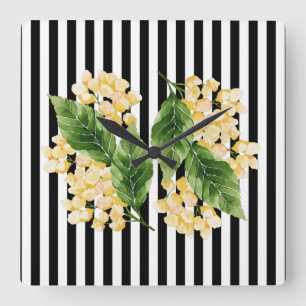 Reloj Cuadrado Flores amarillas sobre rayas negras y blancas