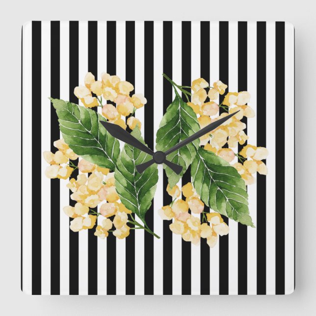 Reloj Cuadrado Flores amarillas sobre rayas negras y blancas (Anverso)