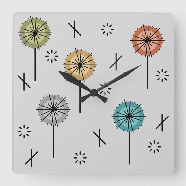 Reloj Cuadrado Flores atómicas retro multicolores (Anverso)