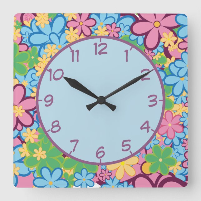 Reloj Cuadrado Flores azules y amarillas retro 60 (Anverso)