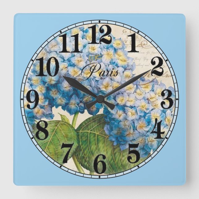 Reloj Cuadrado Flores azules y de París (Anverso)