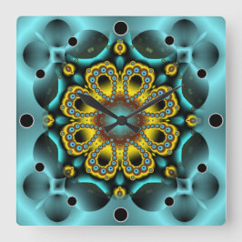 Reloj Cuadrado Flores azules y doradas y mariposas