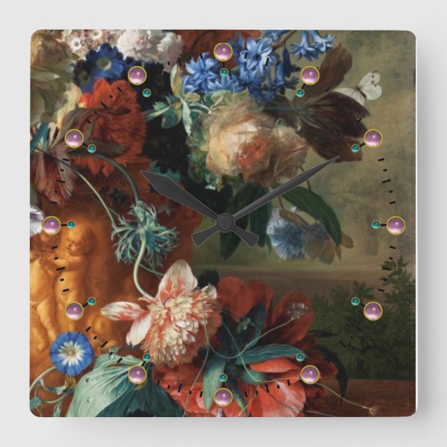 RELOJ CUADRADO FLORES BLANCAS ANTIGUAS DE LAS ANÉMONAS FLORALES, (Anverso)