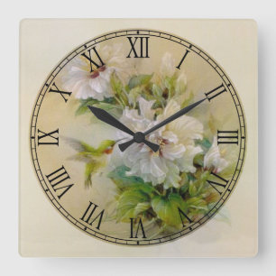 Reloj Cuadrado Flores blancas Bella Artes Número romano