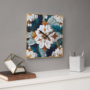 Reloj Cuadrado Flores blancas elegantes con hojas Verde azuladas 