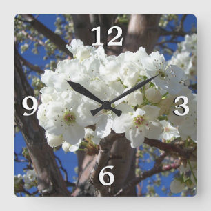 Reloj Cuadrado Flores blancas II Árbol de flores primavera