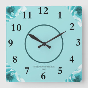 Reloj Cuadrado Flores blancas y azules abstractas personalizadas
