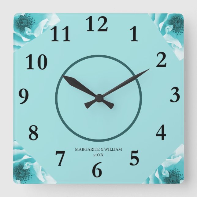 Reloj Cuadrado Flores blancas y azules abstractas personalizadas (Anverso)