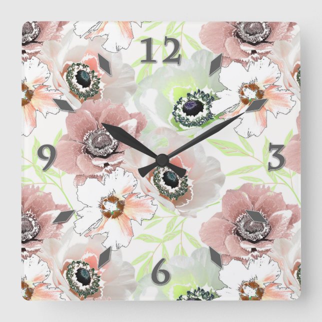 Reloj Cuadrado Flores blancas y rosas. (Anverso)
