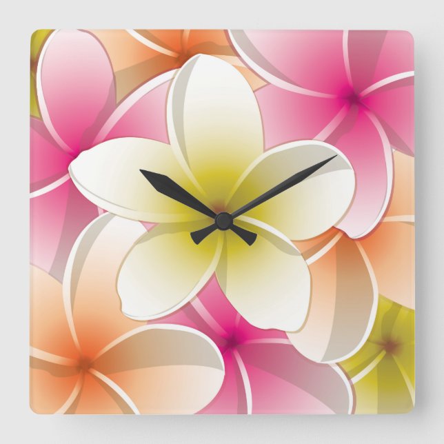 Reloj Cuadrado Flores brillantes de Frangipani/ Plumeria (Anverso)