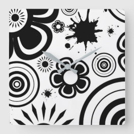 Reloj Cuadrado Flores caprichosas en blanco y negro, círculos, sa