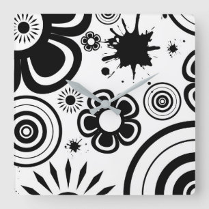 Reloj Cuadrado Flores caprichosas en blanco y negro, círculos, sa