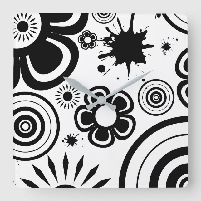 Reloj Cuadrado Flores caprichosas en blanco y negro, círculos, sa (Anverso)