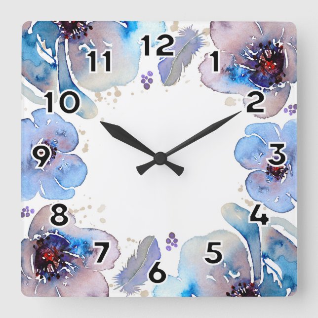 Reloj Cuadrado Flores de acuarela azul (Anverso)