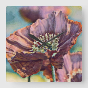 Reloj Cuadrado Flores de amapola morada roja de color de agua vin