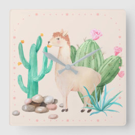 Reloj Cuadrado Flores de Cactus de Llama del Desierto