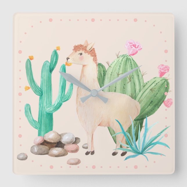 Reloj Cuadrado Flores de Cactus de Llama del Desierto (Anverso)