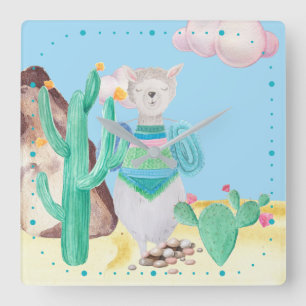 Reloj Cuadrado Flores de Cactus de Llama del Desierto de Arizona 