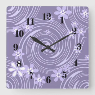 Reloj Cuadrado Flores de color lavander de remolinos violeta sin