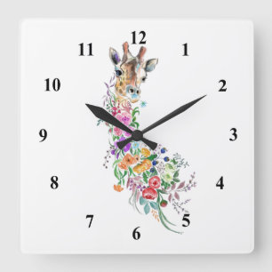 Reloj Cuadrado Flores de colores Bouquet Giraffe - Dibujo Floral