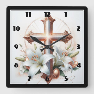 Reloj Cuadrado Flores de cruz y lirio