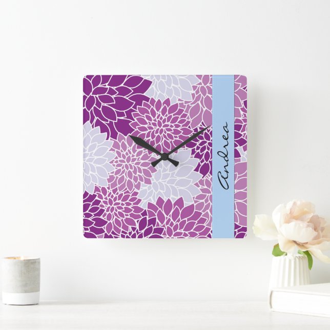 Reloj Cuadrado Flores de Dahlia, Dahlia morada, tu nombre (Hogar)