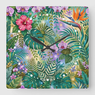 Reloj Cuadrado Flores de Fantasía de la Jungla Morado Verde Dorad