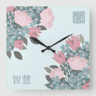 Reloj Cuadrado Flores de flores azules rosas rosadas arte digital