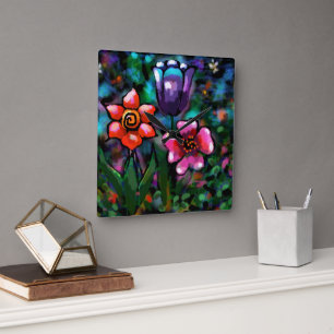 Reloj Cuadrado Flores de flores extrañas púrpuras y azules extrav
