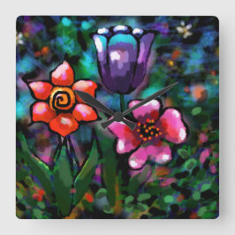 Reloj Cuadrado Flores de flores extrañas púrpuras y azules extrav