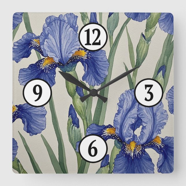 Reloj Cuadrado Flores de Iris Azul (Anverso)