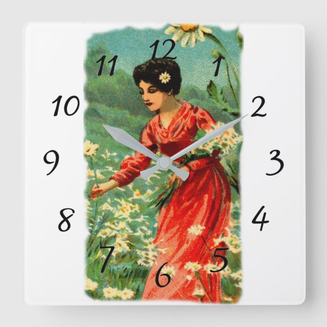 Reloj Cuadrado Flores de la cosecha de la mujer (Anverso)