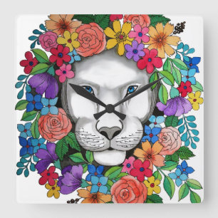 Reloj Cuadrado Flores De León Y Arcoiris De Color Del Agua