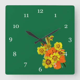 Reloj Cuadrado Flores de lirio y margarita naranja