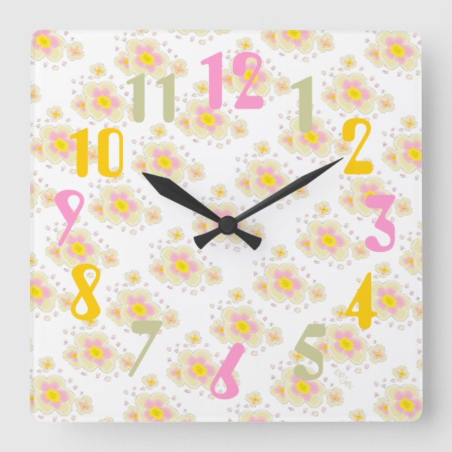 Reloj Cuadrado Flores de muelle (rosa/amarilla) (Anverso)