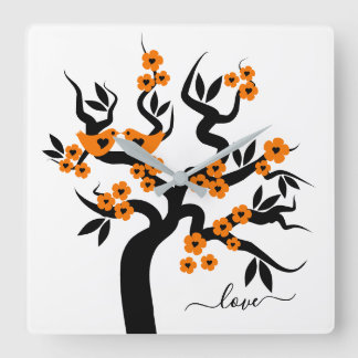 Reloj Cuadrado Flores de naranja y cerezo de aves amorosas sakura
