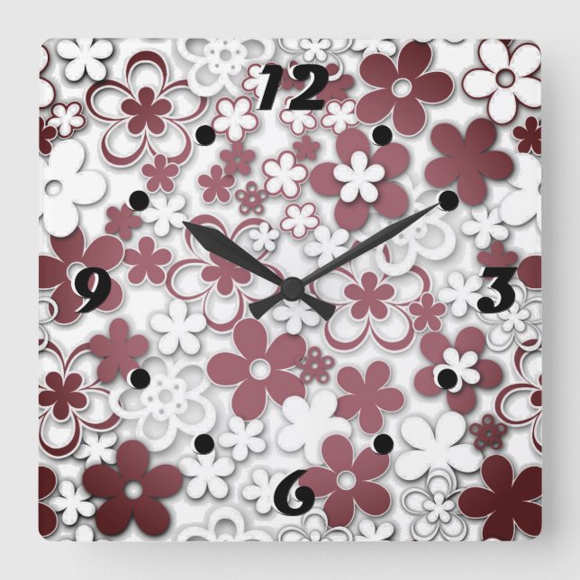 Reloj Cuadrado Flores de papel rojo y blanco (Anverso)