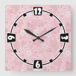Reloj Cuadrado Flores de papel rosa