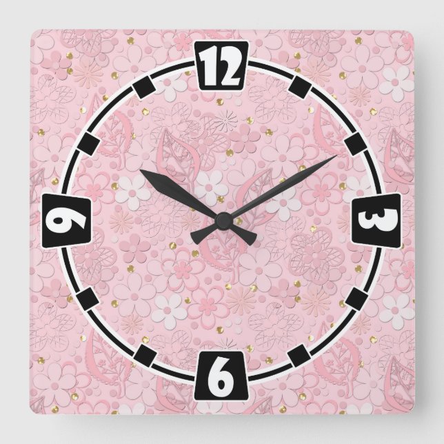 Reloj Cuadrado Flores de papel rosa (Anverso)